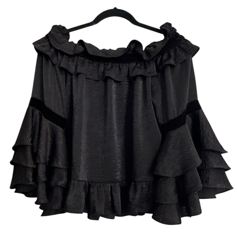 MISA Los Angeles Black Satin Off The Shoulder Velvet Ruffle Top S NWT